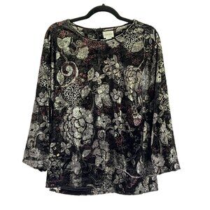 Chicos size 3 Womens Floral Velvet Long Sleeve Top Whimsygoth Chic